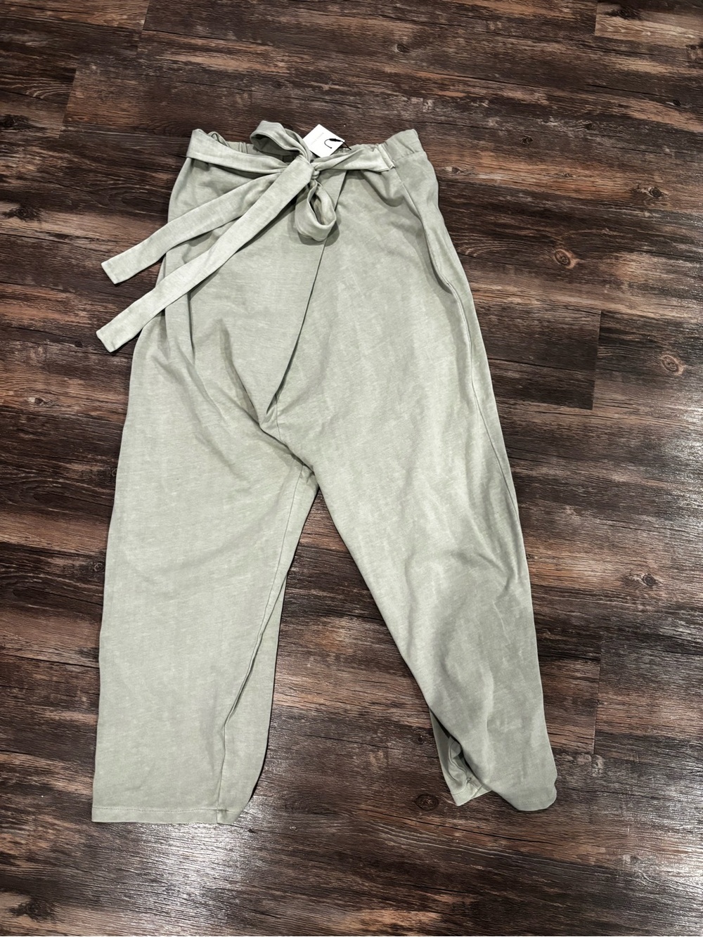 Zara High-Waist Tie-Belt Pants — Sage Green